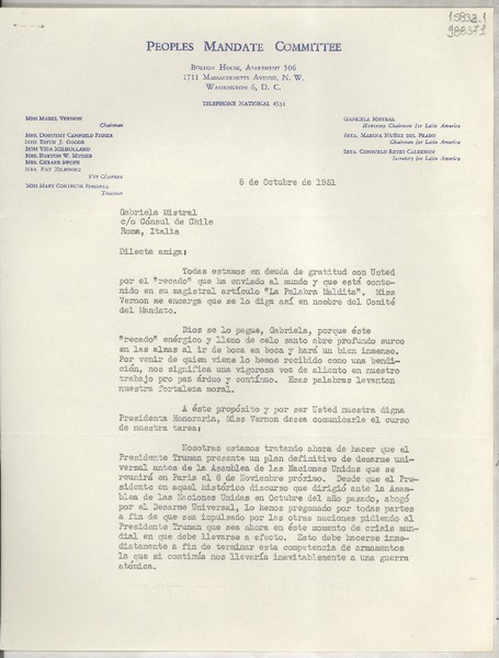 [Carta] 1951 oct. 8, Washington D. C., [Estados Unidos] [a] Gabriela Mistral, Cónsul de Chile, Roma, Italia
