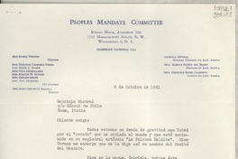 [Carta] 1951 oct. 8, Washington D. C., [Estados Unidos] [a] Gabriela Mistral, Cónsul de Chile, Roma, Italia