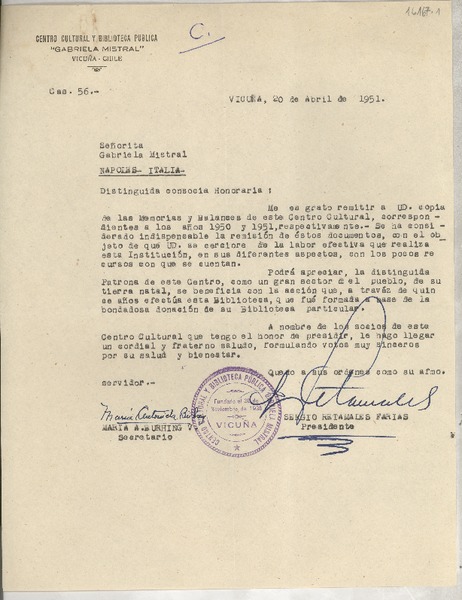 [Carta] 1951 abr. 20, Vicuña, Chile [a la] Señorita Gabriela Mistral, Nápoles, Italia