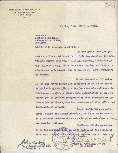[Carta] 1953 abr. 3, Vicuña, [Chile] [a] Señorita Gabriela Mistral, Consulado de Chile, New York