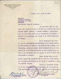 [Carta] 1953 abr. 3, Vicuña, [Chile] [a] Señorita Gabriela Mistral, Consulado de Chile, New York