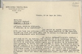 [Carta] 1952 mayo 20, Vicuña, Chile [a la] Señorita Gabriela Mistral, Nápoles, Italia