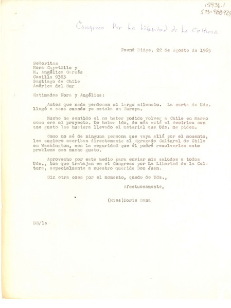 [Carta] 1965 ago. 22, New York, [Estados Unidos] [a] Nora Capetillo, M. Angélica Garcés, Santiago, Chile