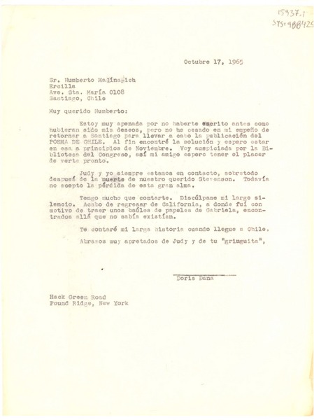 [Carta] 1965 oct. 27, New York, [Estados Unidos] [a] Humberto Malínarich, [Revista] Ercilla, Santiago, Chile