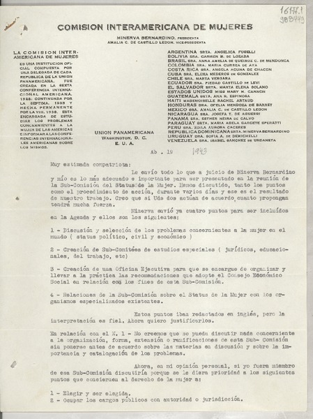 [Carta] 1943 abr. 19, Washington D. C., Estados Unidos [a] Muy estimada compatriota