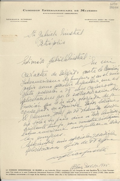 [Carta] 1945 nov. 22, Buenos Aires, [Argentina] [a] Sta. Gabriela Mistral, Petrópolis