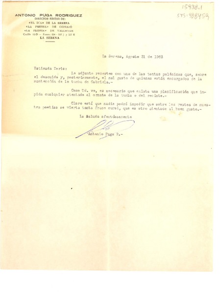[Carta] 1963 ago. 31, La Serena, [Chile] [a] Doris [Dana]