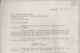 [Carta] 1951 Feb. 17, [Estados Unidos] [a] Reverend Alexander Wyse, Academy of American Franciscan History, Washington