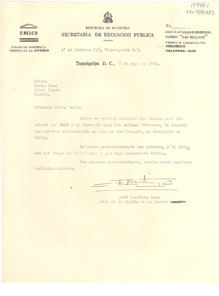 [Carta] 1961 mayo 6, Tegucigalpa, DC, Honduras [a] Doris Dana, Hotel Prado, [Tegucigalpa, Honduras]