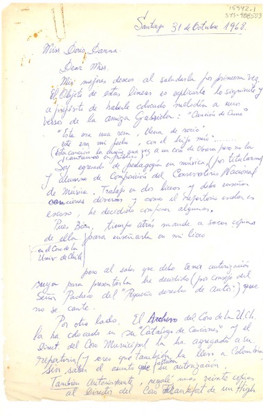 [Carta] 1968 oct 31, Santiago, Chile [a] Doris Dana