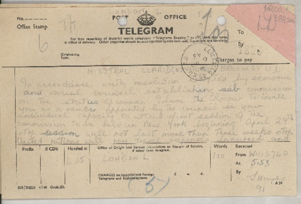 [Telegrama] 1946 Mar. 6, London, Inglaterra [a] Gabriela Mistral