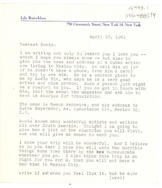 [Carta] 1961 apr. 10, [New York, Estados Unidos] [a] Doris [Dana]