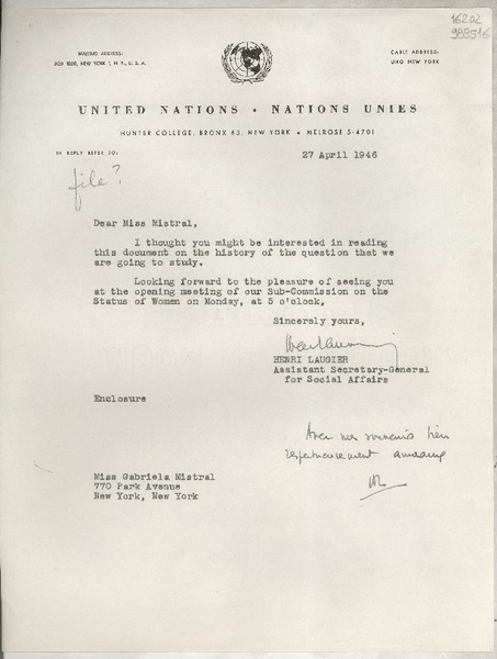 [Carta] 1946 Apr. 27, New York, [Estados Unidos] [a] Miss Gabriela Mistral, 770 Park Avenue, New York