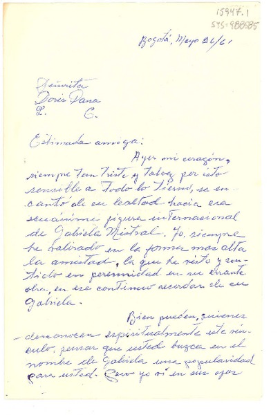 [Carta] 1961 mayo 26, Bogotá, Colombia [a] Doris Dana