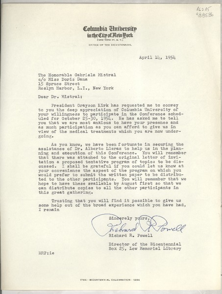 [Carta] 1954 Apr. 14, Columbia University in the City of New York, New York 27, N. Y., [EE.UU.] [a] The Honorable Gabriela Mistral, co Miss Doris Dana, 15 Spruce Street, Roslyn Harbor, L. I., New York, [EE.UU.]