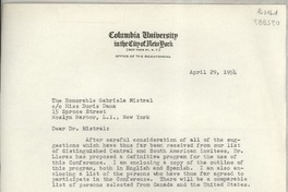 [Carta] 1954 Apr. 29, Columbia University in the City of New York, New York 27, N. Y., [EE.UU.] [a] The Honorable Gabriela Mistral, co Miss Doris Dana, 15 Spruce Street, Roslyn Harbor, L. I., New York, [EE.UU.]