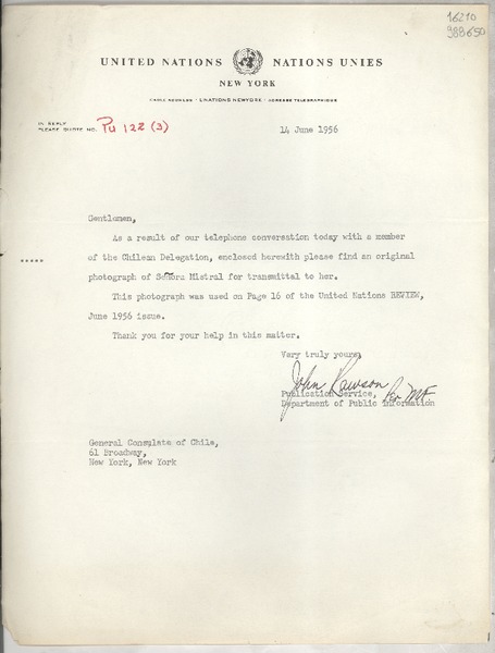 [Carta] 1956 June 14, New York, [Estados Unidos] [a] General Consulate of Chile, 61 Broadway, New York