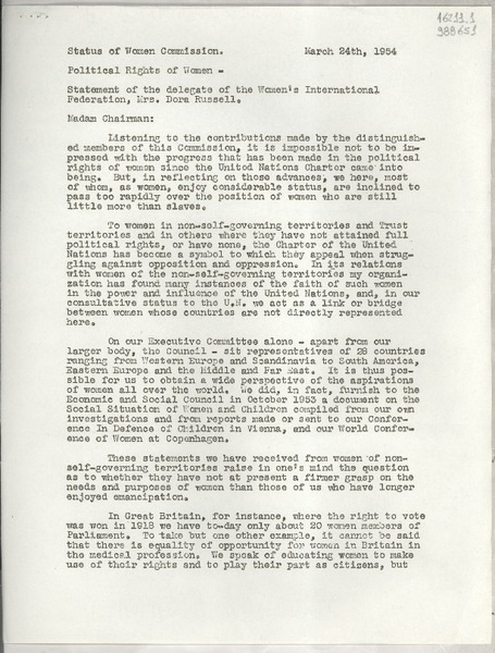 [Carta] 1954 Mar. 24, [Estados Unidos] [a] Madam Chairman