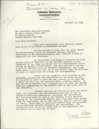 [Carta] 1954 Oct. 13, Columbia University in the City of New York, New York 27, N. Y., [EE.UU.] [a] The Honorable Gabriela Mistral, In care of Miss Doris Dana, 15 Spruce Street, Roslyn Harbor, New York, [EE.UU.]