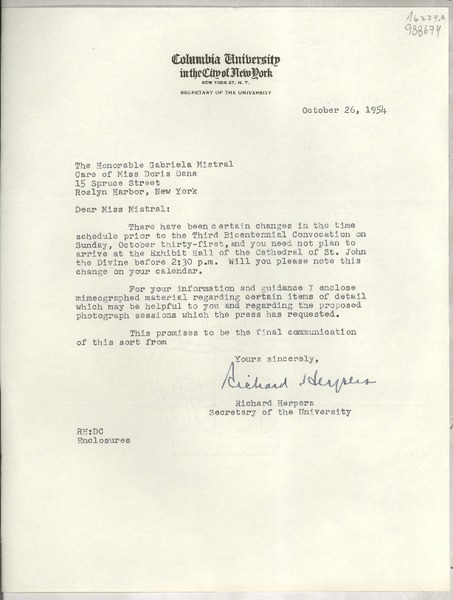 [Carta] 1954 Oct. 26, Columbia University in the City of New York, New York 27, N. Y., [EE.UU.] [a] The Honorable Gabriela Mistral, Care of Miss Doris Dana, 15 Spruce Street, Roslyn Harbor, New York, [EE.UU.]
