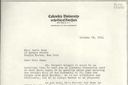 [Carta] 1954 Oct. 28, Columbia University in the City of New York, New York 27, N. Y., [EE.UU.] [a] Miss Doris Dana, 15 Spruce Street, Roslyn Harbor, New York, [EE.UU.]