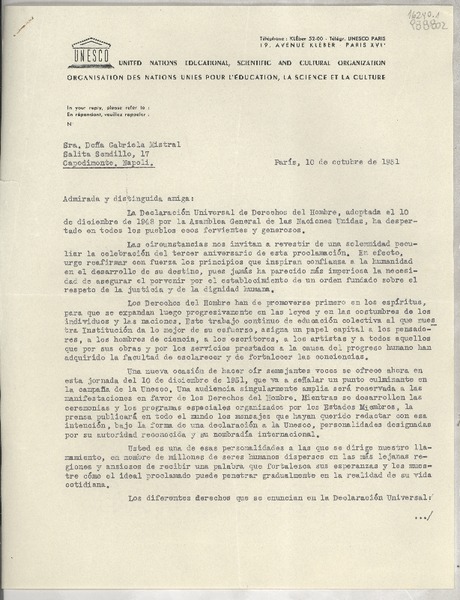 [Carta] 1951 oct. 10, París, [Francia] [a la] Sra. Doña Gabriela Mistral, Salita Sendillo, 17, Capodimonte, Napoli, [Italia]