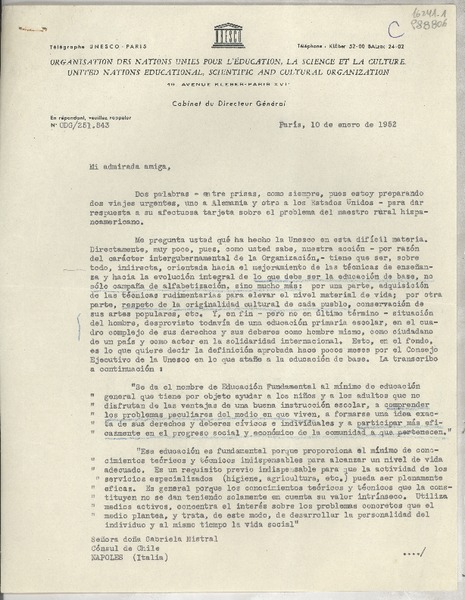 [Carta] 1952 ene. 10, París, [Francia] [a la] Señora doña Gabriela Mistral, Cónsul de Chile, Nápoles, Italia