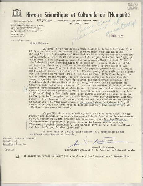 [Carta] 1952 mars 14, 19, Avenue Kleber, Paris XVI°, [France] [a] Madame Gabriela Mistral, Casella 69, Rapallo, Liguria, [Italia]