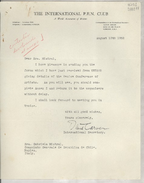 [Carta] 1952 Aug. 12, London, [Inglaterra] [a] Sra. Gabriela Mistral, Consulado Generale de Republica de Chile, Naples, Italy