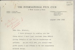 [Carta] 1952 Aug. 12, London, [Inglaterra] [a] Sra. Gabriela Mistral, Consulado Generale de Republica de Chile, Naples, Italy