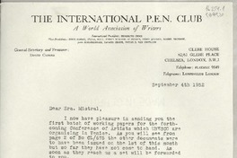[Carta] 1952 Sept. 4, Glebe House, 6263 Glebe Place, Chelsea, London, S.W. 3, London, [England] [a la] Sra. Gabriela Mistral