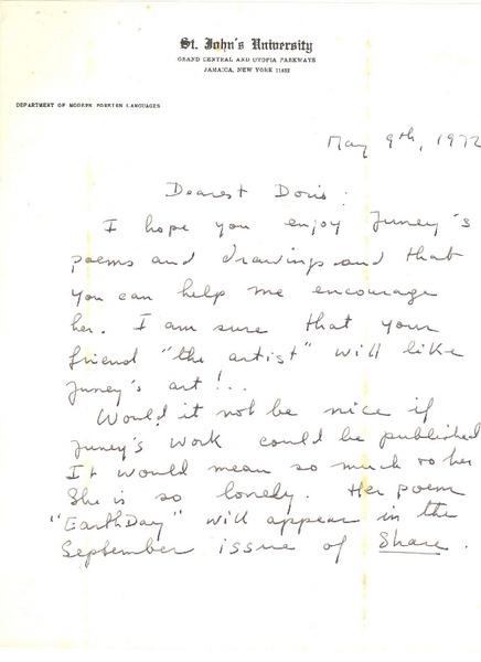 [Carta] 1972 may. 9, [New York, Estados Unidos] [a] Doris [Dana]