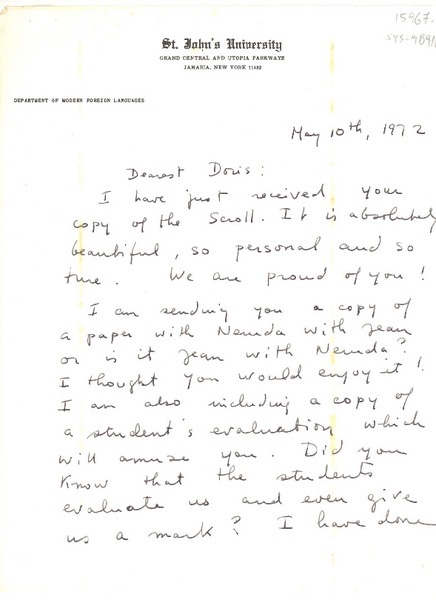[Carta] 1972 may 10, [New York, Estados Unidos] [a] Doris [Dana]
