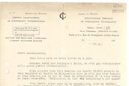 [Carta] 1933 juil 1, Paris, [Francia] [a] Mademoiselle Gabriela Mistral