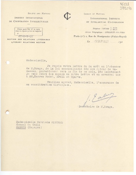 [Carta] 1933 sept. 9, Paris, [Francia] [a] Mademoiselle Gabriela Mistral, Consul du Chili, Madrid