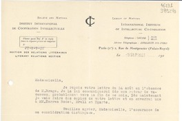 [Carta] 1933 sept. 9, Paris, [Francia] [a] Mademoiselle Gabriela Mistral, Consul du Chili, Madrid
