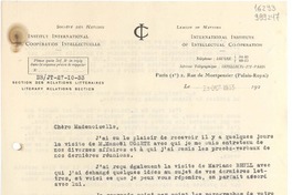 [Carta] 1933 oct. 28, Paris, [Francia] [a] Mademoiselle G. Mistral, Consul du Chili, Madrid