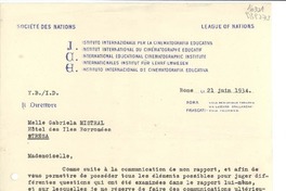 [Carta] 1934 juin 21, Rome, [Italie] [a la] Mademoiselle Gabriela Mistral, Hôtel des Iles Borromées, Stresa, [Italie]