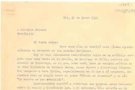 [Carta] 1943 ene. 29, Rio [de Janeiro, Brasil] [a] Gabriela Mistral, Petrópolis, [Brasil]