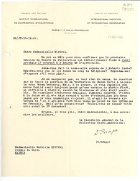 [Carta] 1934 déc. 11, Paris, 2 Rue de Montpensier, [France] [a la] Mademoiselle Gabriela Mistral, Consul du Chili, Madrid, [Espagne]