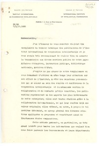 [Carta] 1934 mars 7, Paris, 2 Rue de Montpensier, [France] [a la] Mademoiselle Gabriela Mistral, Consul du Chili à Madrid, Consulat du Chili, Madrid, Espagne
