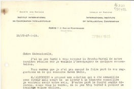 [Carta] 1935 mars 27, Paris, 2 Rue de Montpensier, [France] [a la] Mademoiselle Gabriela Mistral, Consul du Chili, Madrid, [Espagne]