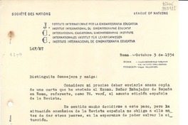 [Carta] 1934 oct. 3, Roma, [Italia] [a] Señorita Gabriela Mistral, Cónsul de Chile, Madrid