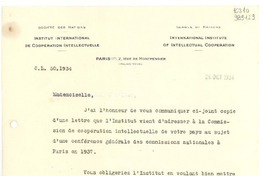 [Carta] 1934 oct. 26, Paris, [Francia] [a] Mademoiselle Gabriela Mistral, Consulat du Chili, Madrid