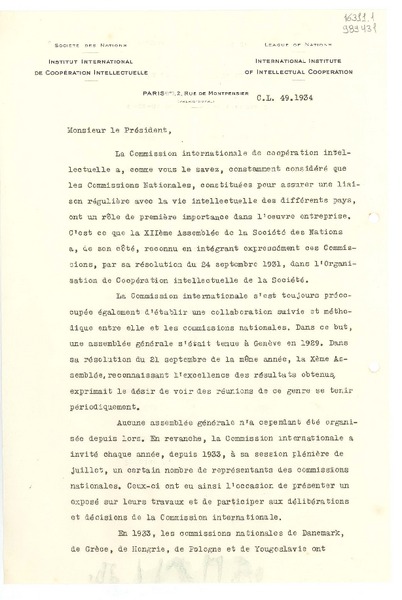 [Carta] 1934, Paris, [Francia] [a] Monsieur le Président