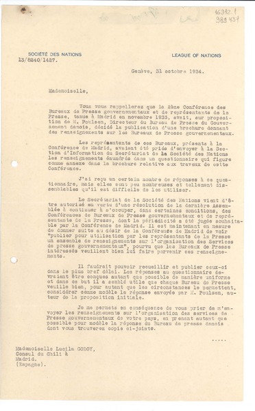 [Carta] 1934 oct. 31, Genéve, [Suiza] [a] Mademoiselle Lucila Godoy, Consul du Chili á Madrid