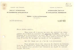 [Carta] 1935 oct. 12, Paris, 2 Rue de Montpensier, [France] [a la] Mademoiselle G. Mistral, Consul du Chili, Madrid, [Espagne]
