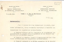 [Carta] 1935 oct. 24, Paris, 2 Rue de Montpensier, [France] [a la] Mademoiselle Gabriela Mistral, Déléguée du Chili auprés de l'I.I.C.I., Consulat du Chili, Madrid, Espagne
