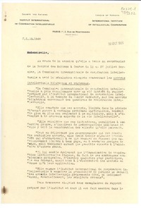 [Carta] 1935 oct. 30, Paris, 2 Rue de Montpensier, [France] [a] [a la] Mademoiselle Gabriela Mistral, Déléguée du Chili auprés de l'I.I.C.I., Consulat du Chili, Madrid, [Espagne]