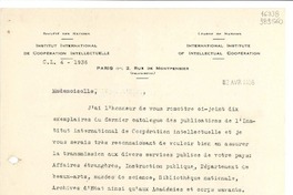 [Carta] 1936 avril 2, Paris, [Francia] [a] Mademoiselle Gabriela Mistral, Lisbonne, Portugal
